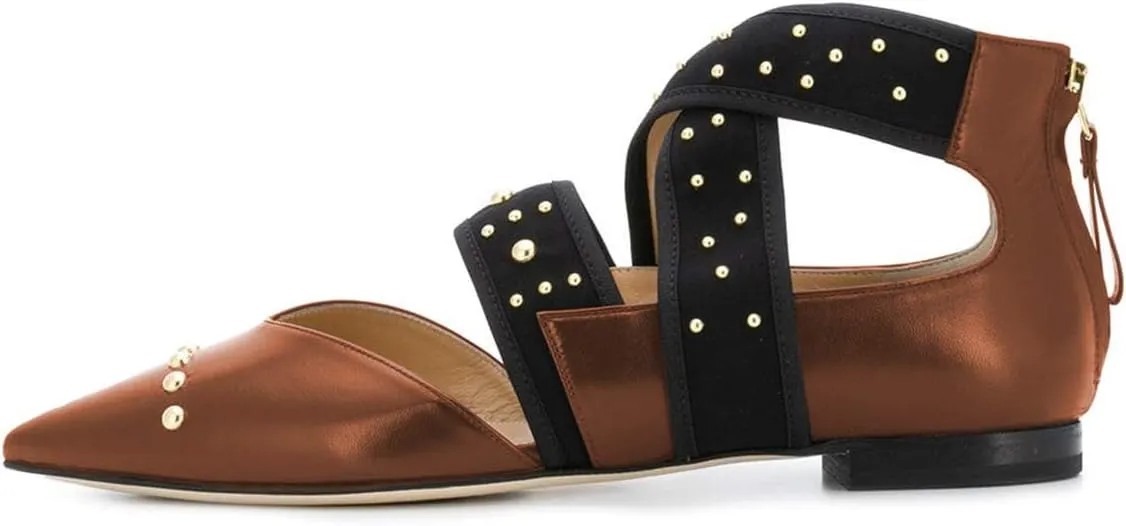 XYD Women Pointed Toe Crisscross Strap Studded Flats Elastic Strappy D'Orsay Ballet Shoes with Zip