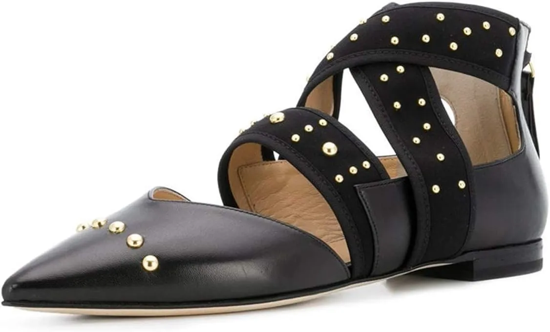 XYD Women Pointed Toe Crisscross Strap Studded Flats Elastic Strappy D'Orsay Ballet Shoes with Zip