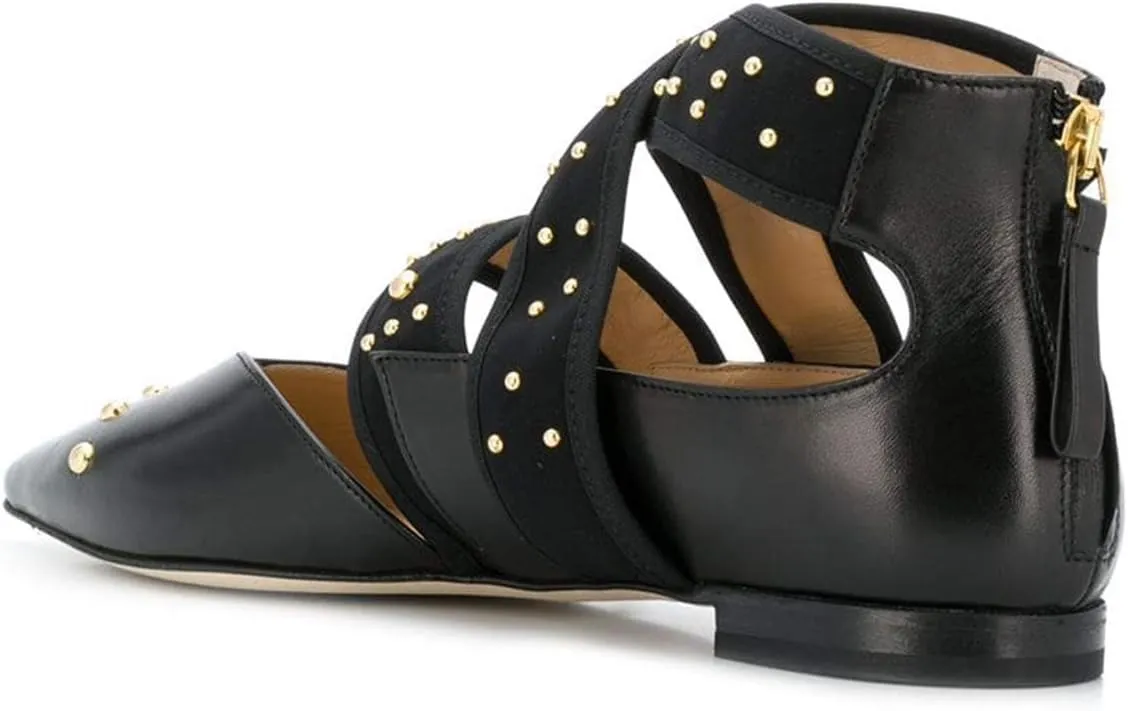 XYD Women Pointed Toe Crisscross Strap Studded Flats Elastic Strappy D'Orsay Ballet Shoes with Zip