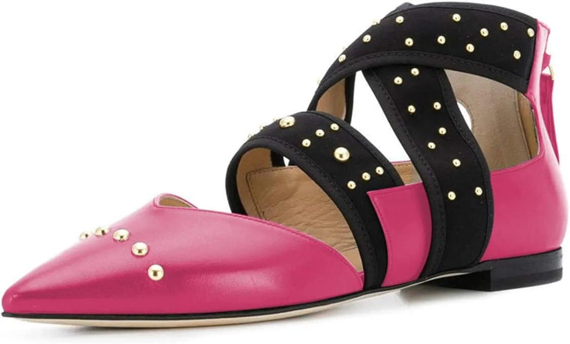 XYD Women Pointed Toe Crisscross Strap Studded Flats Elastic Strappy D'Orsay Ballet Shoes with Zip