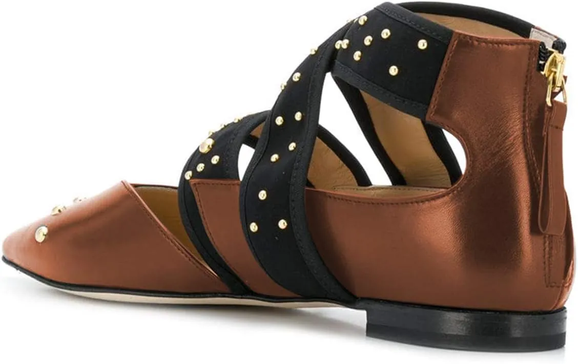 XYD Women Pointed Toe Crisscross Strap Studded Flats Elastic Strappy D'Orsay Ballet Shoes with Zip