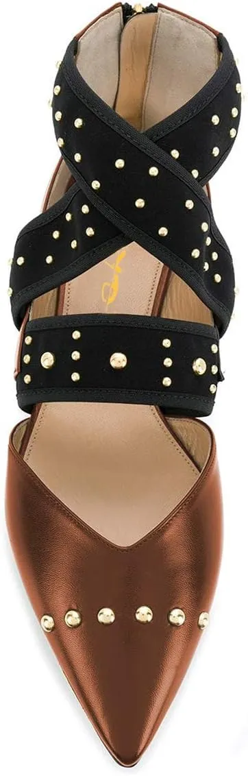 XYD Women Pointed Toe Crisscross Strap Studded Flats Elastic Strappy D'Orsay Ballet Shoes with Zip