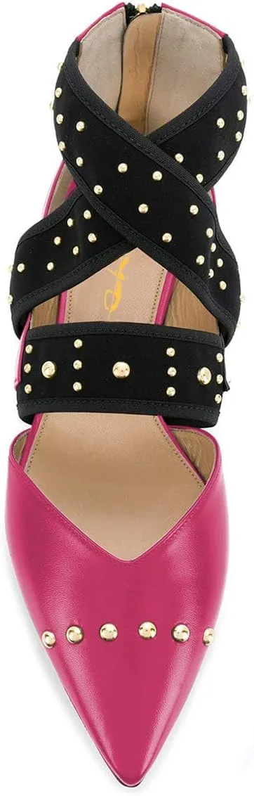 XYD Women Pointed Toe Crisscross Strap Studded Flats Elastic Strappy D'Orsay Ballet Shoes with Zip