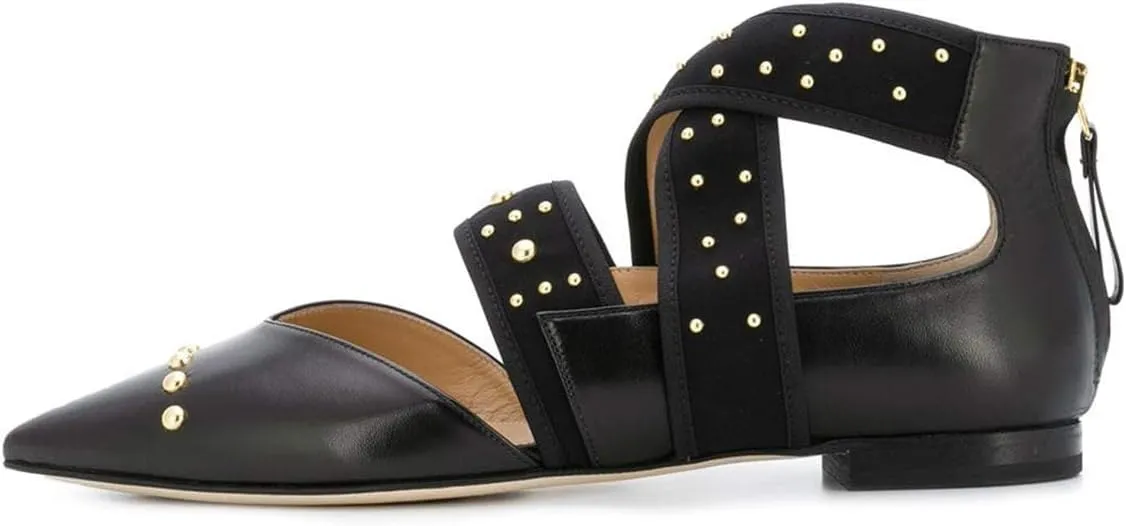 XYD Women Pointed Toe Crisscross Strap Studded Flats Elastic Strappy D'Orsay Ballet Shoes with Zip
