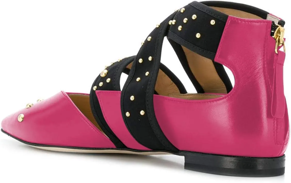 XYD Women Pointed Toe Crisscross Strap Studded Flats Elastic Strappy D'Orsay Ballet Shoes with Zip