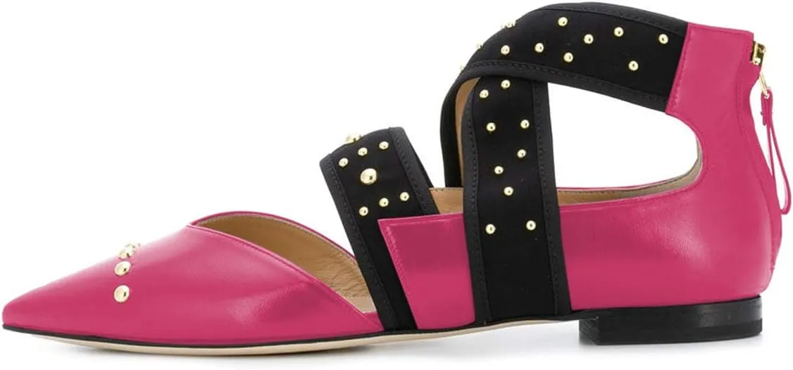 XYD Women Pointed Toe Crisscross Strap Studded Flats Elastic Strappy D'Orsay Ballet Shoes with Zip