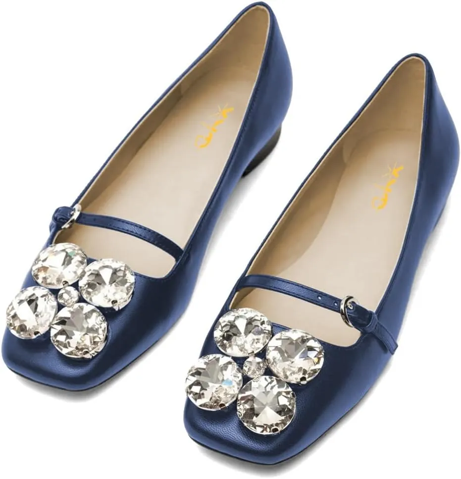 XYD Women Square Toe Mary Jane Flats Dazzled Rhinestones Crystals Buckled Slender Strap Casual Dressy Shoes