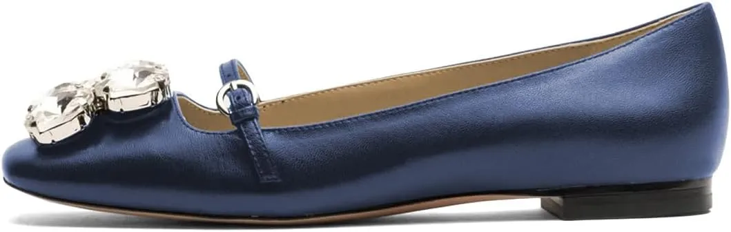 XYD Women Square Toe Mary Jane Flats Dazzled Rhinestones Crystals Buckled Slender Strap Casual Dressy Shoes
