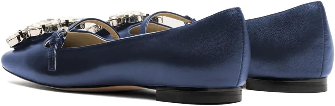 XYD Women Square Toe Mary Jane Flats Dazzled Rhinestones Crystals Buckled Slender Strap Casual Dressy Shoes