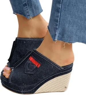 ZBYY Womens Denim Platform Wedges Sandals Summer Fish Mouth Sandals Slip On Thick Bottom Espadrille Sandal Slide