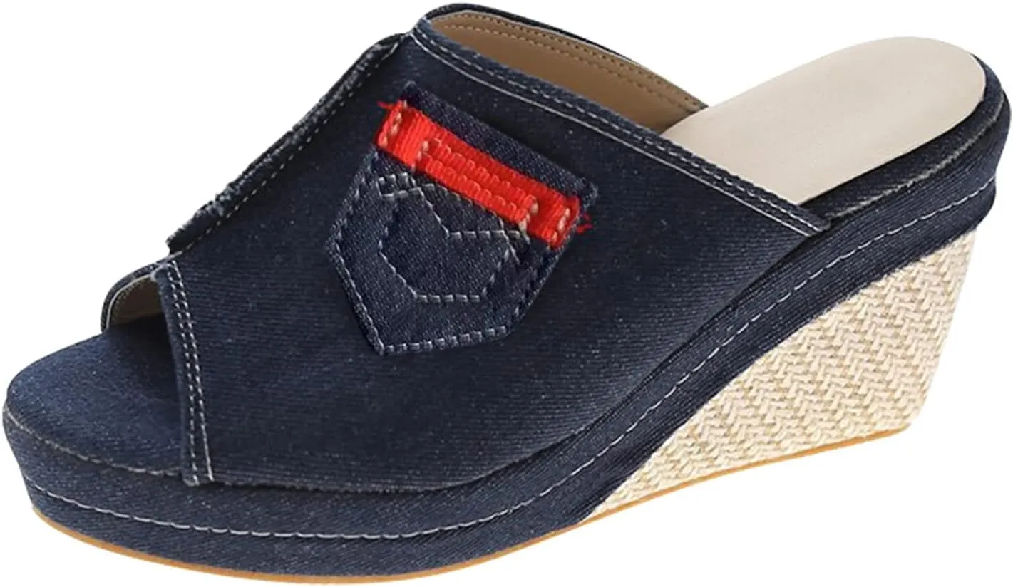 ZBYY Womens Denim Platform Wedges Sandals Summer Fish Mouth Sandals Slip On Thick Bottom Espadrille Sandal Slide