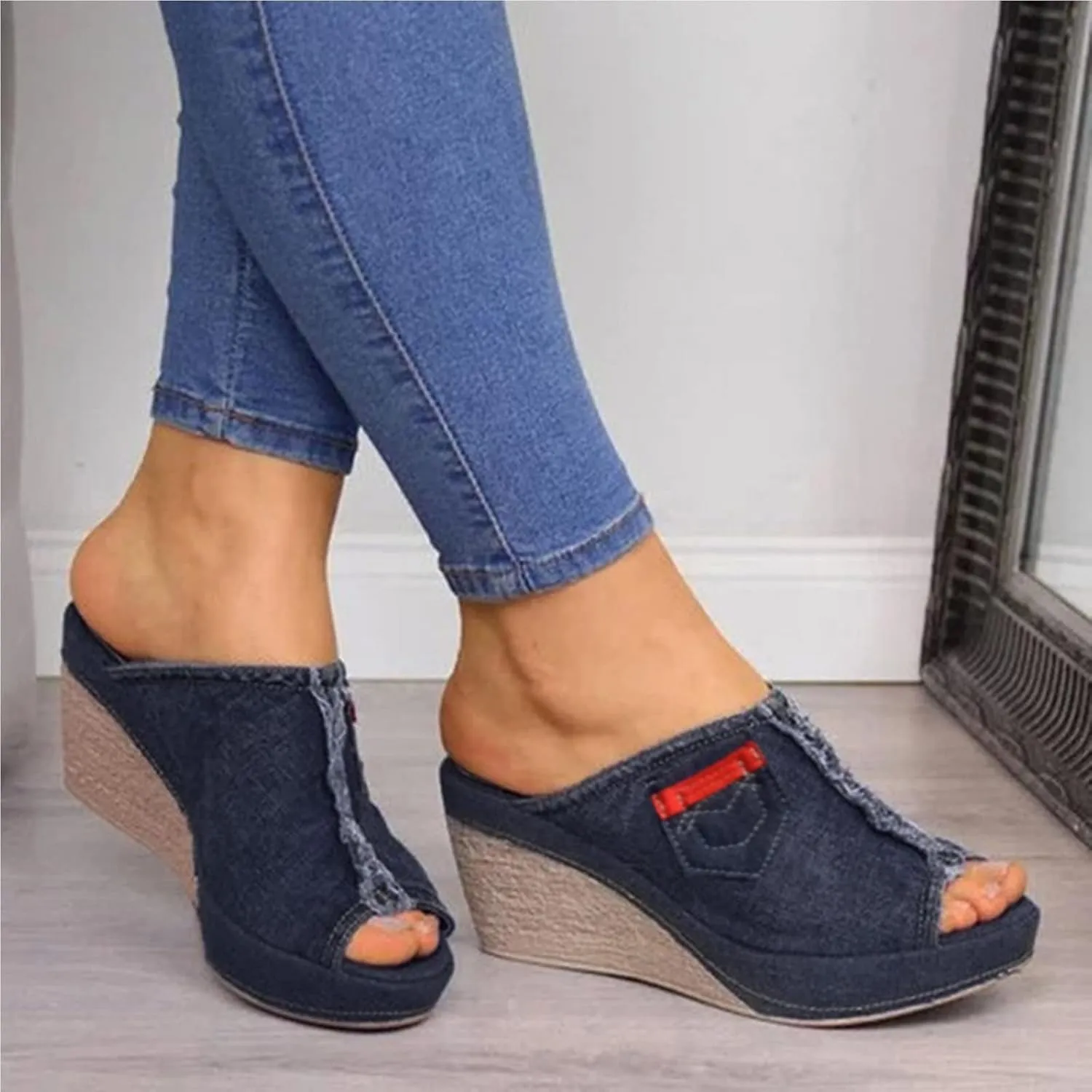 ZBYY Womens Denim Platform Wedges Sandals Summer Fish Mouth Sandals Slip On Thick Bottom Espadrille Sandal Slide