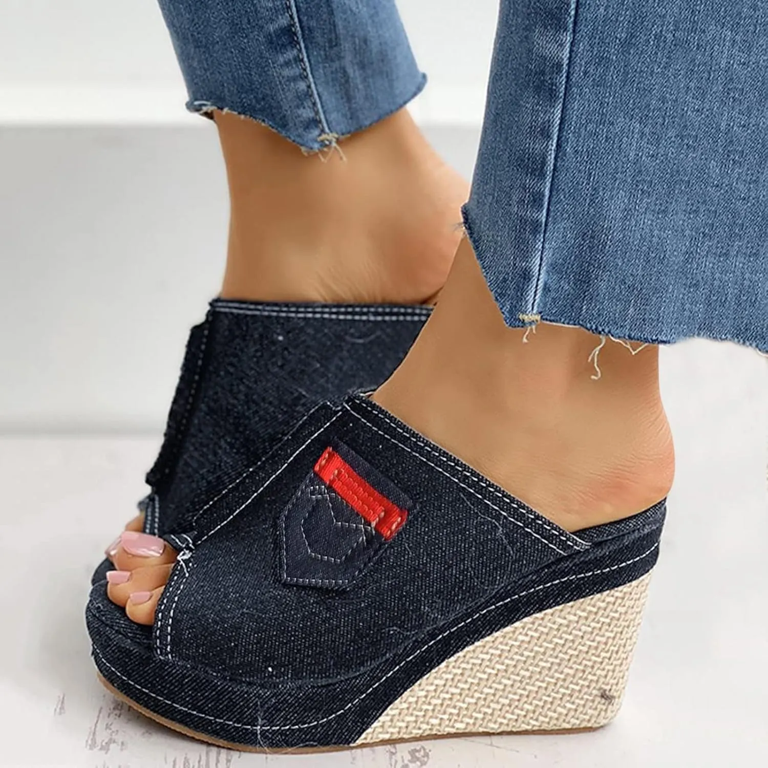 ZBYY Womens Denim Platform Wedges Sandals Summer Fish Mouth Sandals Slip On Thick Bottom Espadrille Sandal Slide